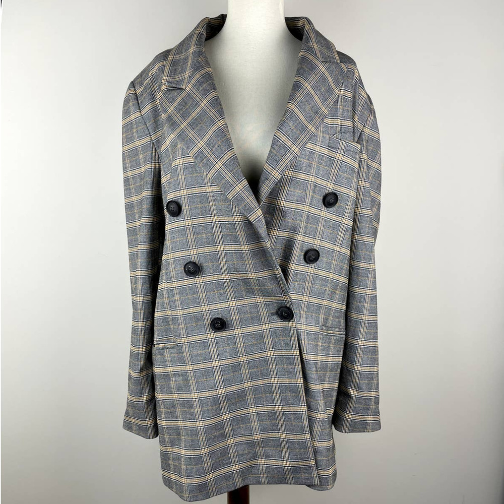 Free People Medium Gray Yellow Plaid Oversized L Double Breasted Jacket Blazer